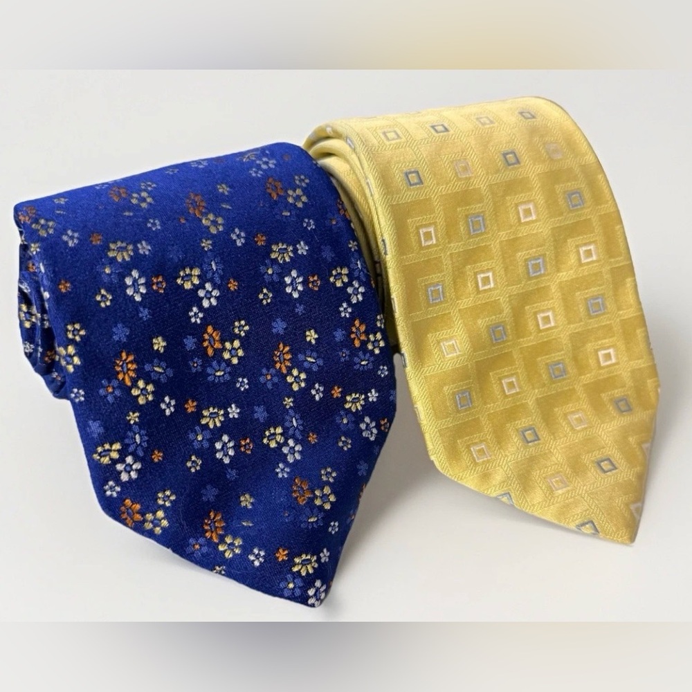 Hugo Boss Lot of 2 Ties Italian Necktie Geometric Blue Floral Yellow Squares